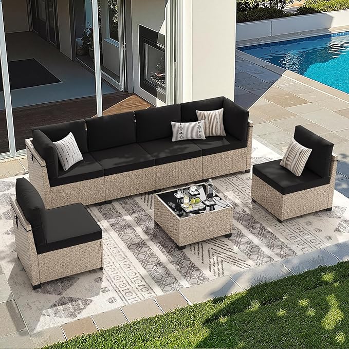 Soohow 7-Piece Patio Furniture Set, Outdoor Sectional All-Weather Wicker Patio Conversation Set for Garden, Porch, Backyard - Black Cushions