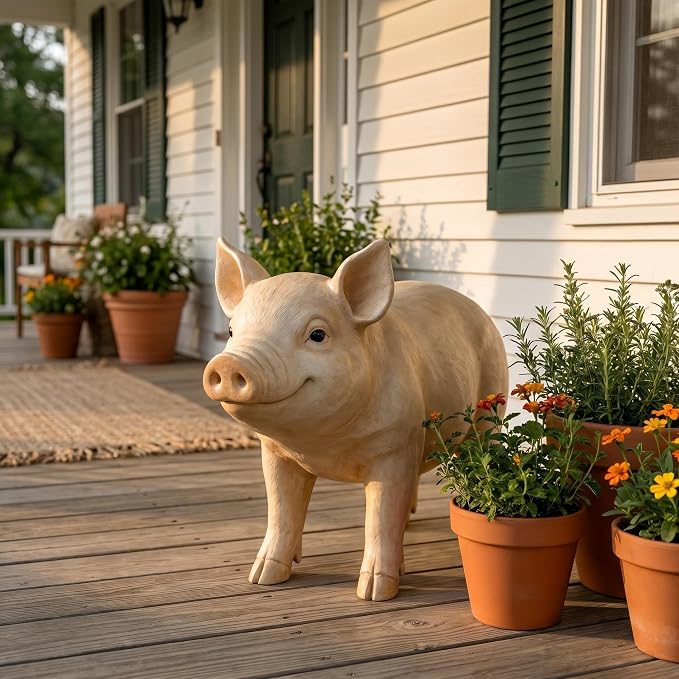 25.6" Cute Pig Resin Garden Statue | Farmhouse Animal Yard Decor, Lifelike Farmhouse Pig Sculpture, For Yard or Patio