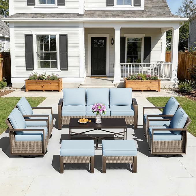 8 Pieces Metal Wicker Patio Furniture Set - 75" Sofa, Four Swivel Chairs and Two Ottomans, One Coffee Table All Weather Rattan Outdoor Conversation Furniture with Washable Cushion for Deck, Baby Blue