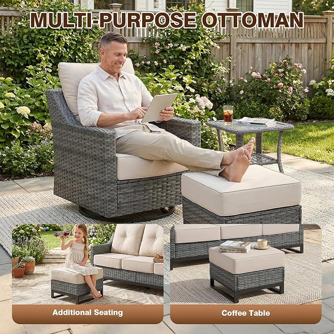 5 Piece Patio Furniture Set,360°Swivel Glider Patio Chairs Set of 2,Side Tale and 2 Ottomans, All-Weather Wicker Patio Set Comfortable Seating with 6 Inch Thick Cushions for Balcony Garden