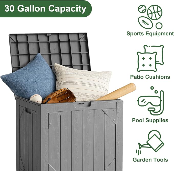 30 Gallon Outdoor Storage Box, Waterproof Resin Deck Box with Lockable Lid Large Storage Bin for Patio Furniture Cushion, Garden Tools, Pool Accessories, UV-Resistant Outside Delivery, Gray