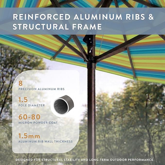 California Umbrella 12-Year Protection 9-Ft Outdoor Patio Umbrella, Sunbrella Fade-Resistant Fabric, Auto-Tilt, Heavy Duty Aluminum Frame, 8 Reinforced Ribs for Pool or Deck, Bronze Pole, Astoria Lagoon