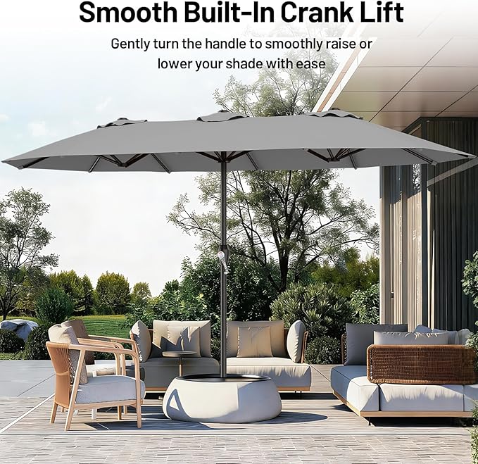 AreShark 15ft Patio Umbrella with Base, Double Sided Outdoor Umbrella with 12 Fiberglass Ribs, Large Outdoor Umbrella for Garden, Pool, Deck, Backyard & Market, Grey