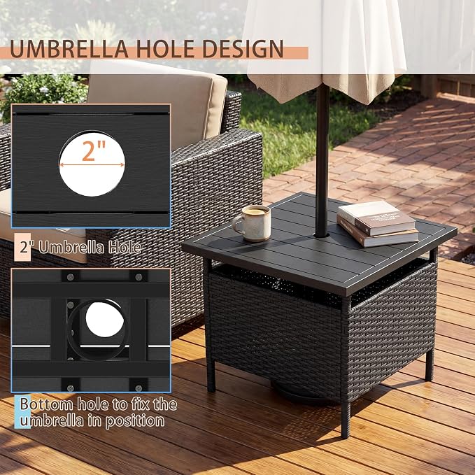 Giantex Umbrella Table, Outdoor Side Table with 2" Umbrella Hole, Rattan Umbrella Stand Holder, Heavy Duty Metal Frame, Patio Bistro Table for Deck Garden Poolside, Black (HDPE Tabletop)