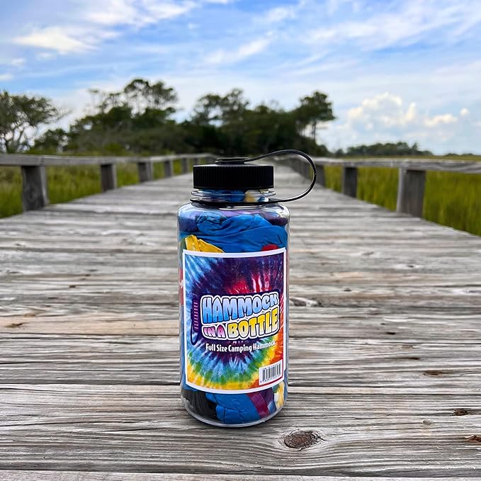 Hammock in a Bottle by Castaway Living, Tiedye Double Camping Hammock with 2 Tree Straps, 32 oz. Bottle, Triple Stitched Durable Nylon Material, Compact Design for Travel, Beach, Backyard, 400 Lbs.