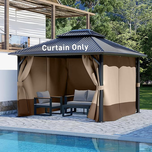 Aoodor 10x10 ft Outdoor Gazebo Curtains, 4 Panels Waterproof Privacy Sidewall Replacement with Zipper for Patio Pergola and Canopy, Sand Yellow and Brown