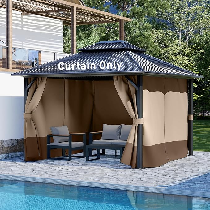 Aoodor 10x12 ft Outdoor Gazebo Curtains, 4 Panels Waterproof Privacy Sidewall Replacement with Zipper for Patio Pergola and Canopy, Sand Yellow and Brown