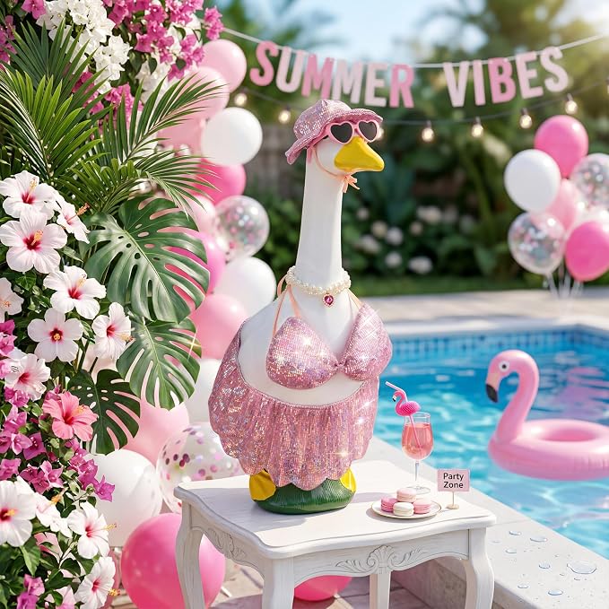 Pink Bikini Goose Clothes Set with Sunglasses Necklace Hat, Pink Sequin Swimming Suits Porch Goose Outfits for 23 Inch Goose Statue, Summer Pool Party Garden Decor (Pink)