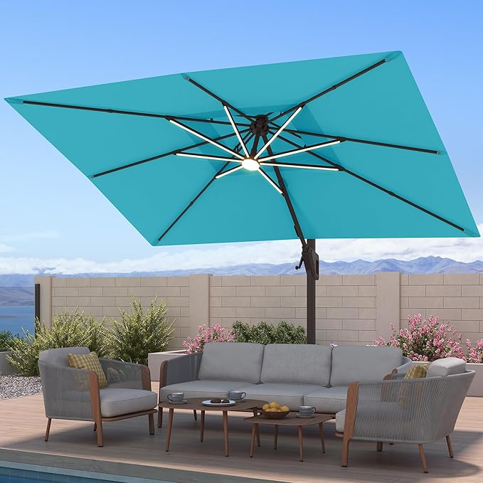 10x13 FT Patio Umbrella with Weighted Base and LED Lights Cantilever Outdoor Large Heavy Duty Rectangle Aluminum Offset Umbrellas Double Top 360 Rotation for Pool Deck Garden, Turquoise
