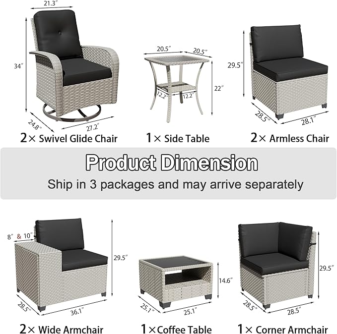 9-Piece Outdoor Patio Furniture Set, Modular Sectional Sofa Set with Swivel Rocker Chairs, Wicker Outdoor Couch Conversation Sets w/Coffee Table and Cushions, Black