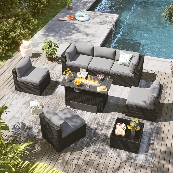 LazySunsets 8 Piece Outdoor Patio Furniture Set with 44'' Fire Pit Table, Outdoor Patio Furniture Set with Thicken Cushion, Wicker Rattan Outdoor Conversation Set for Backyard & Garden, Light Grey