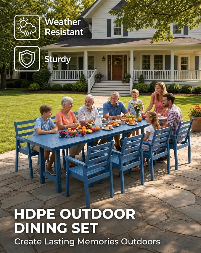 10 Piece HDPE Outdoor Dining Set for 8, Patio Dining Furniture Set with 2” Umbrella Hole, Weather Resistant Outdoor Table and Chairs for Garden, Poolside, Backyard, Deck