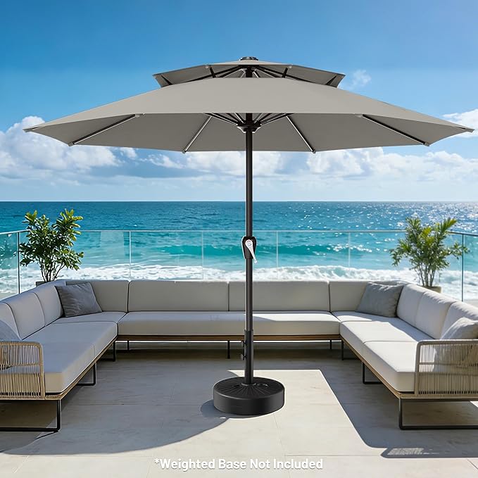 AreShark 12ft 2 Tiers Patio Umbrella - Outdoor Umbrella Waterproof UV Protection, Market Table Umbrella w/ 8 Sturdy Ribs&Crank for Pool, Porch, Garden(Light Gray)