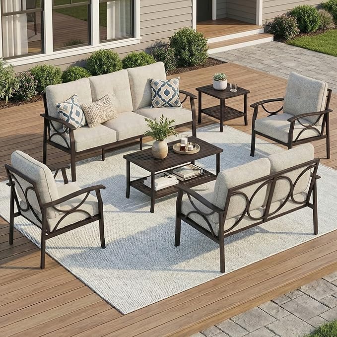 RoyalCraft 6-Pieces Outdoor Patio Furniture Set, Outdoor Metal Sectional Furniture with Cushions, Outdoor Conversation Seating Set with Coffee Table for Balcony, Backyard, Garden, Deck, Beige