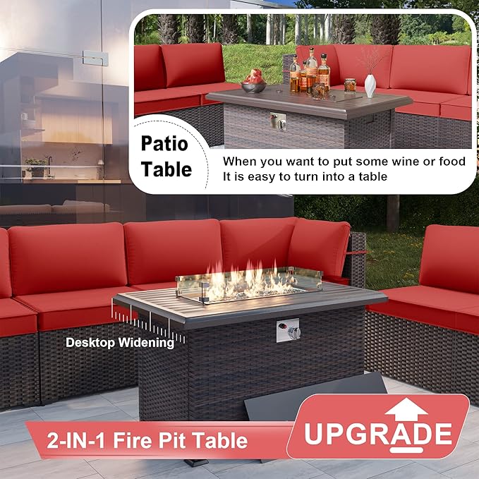 Patio Furniture Sectional Sofa Set 7-Pieces PE Rattan Patio Conversation Set w/43in Gas Fire Pit Table, Outdoor Furniture with 55000 BTU Propane Fire Pit, Red
