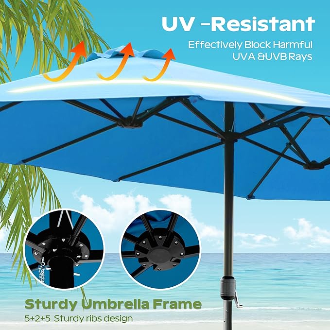 15ft Umbrella Outdoor Patio - Double-Sided Large Market Rectangle Umbrellas with Crank Handle for Patio Garden Yard Pool (No Base)