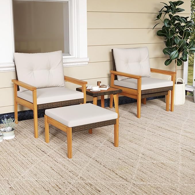 Tangkula 5 Piece Rattan Furniture Set, Wood Frame Chairs & Ottomans w/Square Coffee Table, Space Saving Cushioned Wicker Patio Conversation Set for Backyard, Poolside (Off White)