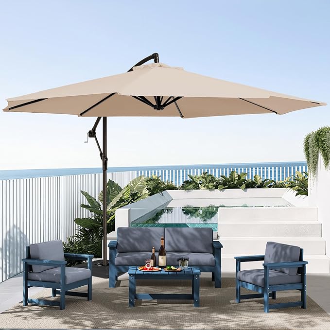 SERWALL 4 Pieces HDPE Outdoor Sofa Set with 10FT Patio Umbrella, All Weather Use Loveseat Furniture Sofa Set, Outdoor Conversation Couch with Coffee Table for Patio, Blue Frame with Grey Cushions