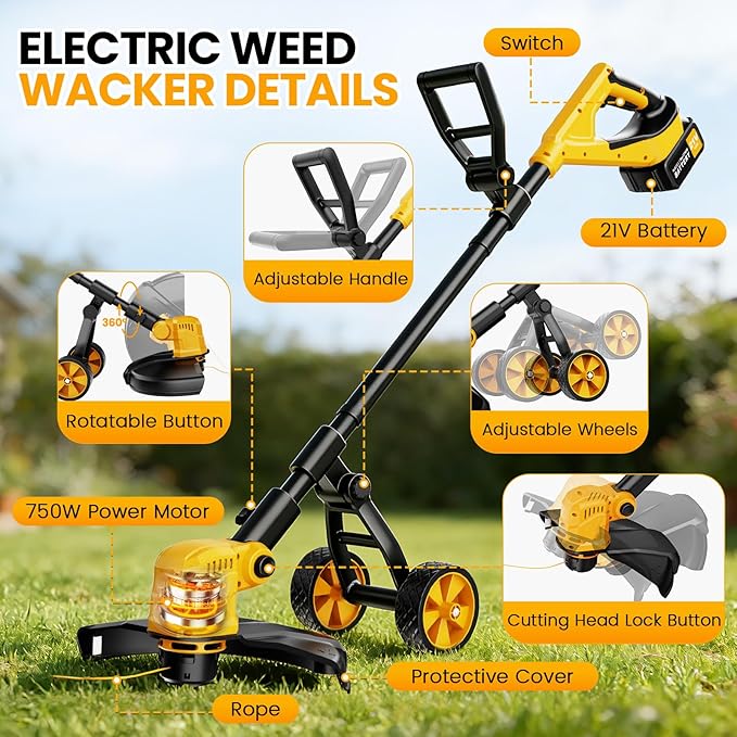 Electric String Trimmer, 14-Inch 2x3.0Ah 21V Battery Powered Weed Eater, Electric Lawn Mower Weed Wacker with Wheels, Brush Cutter Grass Trimmer for Garden Yard