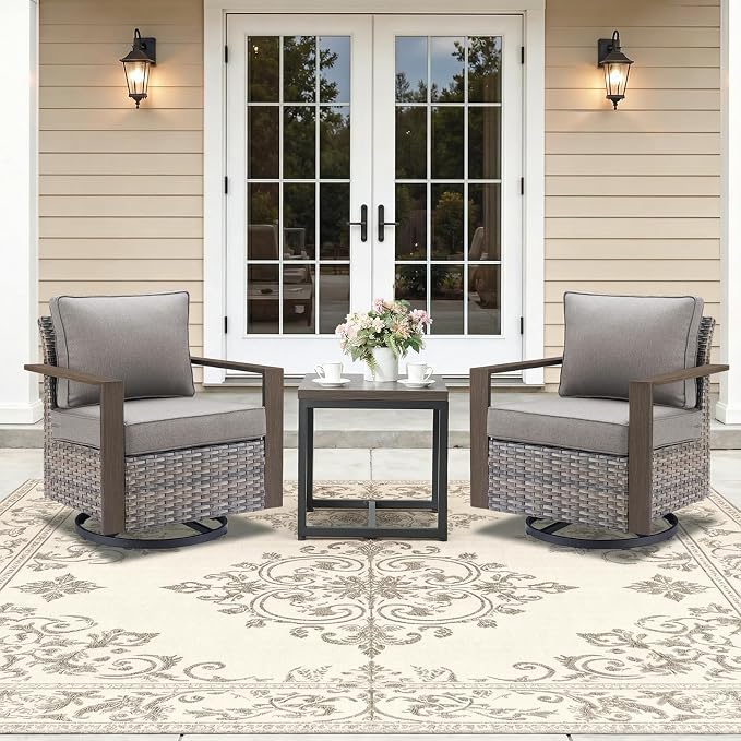 3 Pieces Patio Sofa Set with Metal Arm, High Back Wicker Sectional Outdoor Sofa with Ottomans, Outdoor Seating Furniture High Back Conversation Set for Balcony Deck Porch Backyard, Grey/Grey