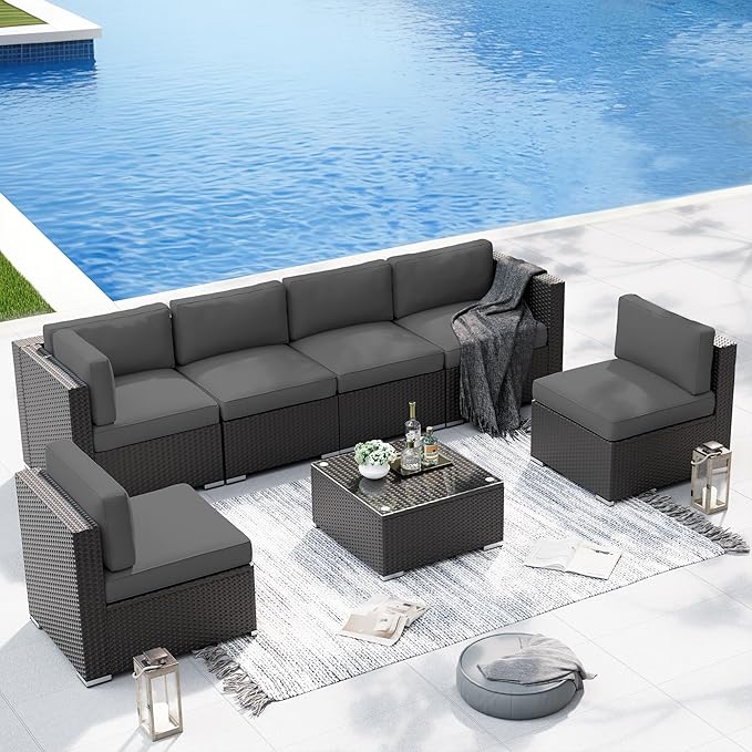 SUNCROWN 7-Piece Outdoor Patio Furniture Sofa Set All-Weather Wicker Sectional Conversation Set with Modern Glass Coffee Table, Cushions and Waterproof Cover,Dark Grey