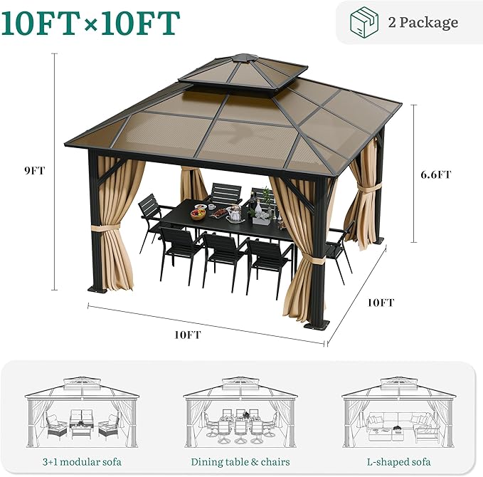 YITAHOME 10X12FT Polycarbonate Gazebo Outdoor Patio Double Top Canopy Galvanized Iron Aluminum Column Garden Tent Curtains Netting for Backyards Decks Lawns,Brown
