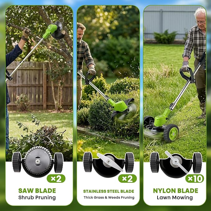 Cordless Electric Weed Wacker with Wheels, 3-in-1 Grass Trimmer & Brush Cutter & Lawn Edger, 3 Types Blade, 2X2000mAh Batteries, Lightweight String Trimmer for Garden and Yard Lawn, Gifts for Seniors