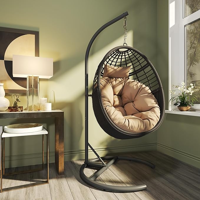 Hanging Egg Chair Hammock with Stand Wicker Rattan for Indoor Outdoor Patio Bedroom Swing with Steel Frame and Soft Cushion