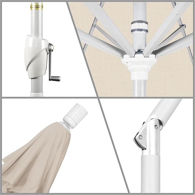 California Umbrella 9' Round Aluminum Market Umbrella, Crank Lift, Push Button Tilt, White Pole, Antique Beige Olefin