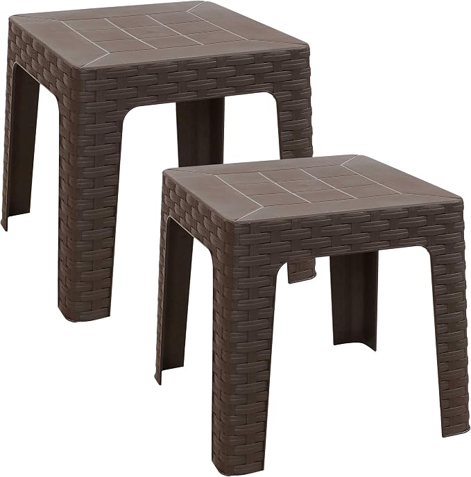 Sunnydaze Adirondack Small Outdoor Side Table for Balcony Essentials - Plastic Square End Table for Outside Patio - Brown - Set of 2