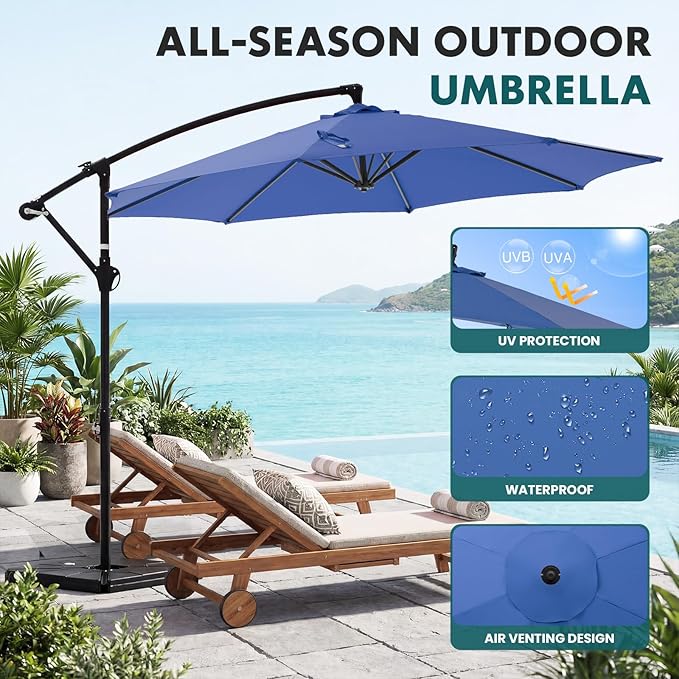 OLIXIS 9.8FT Offset Patio Umbrella with Base, Cantilever Table Umbrellas for Outdoor Sun Shade UV Protection with Easy Tilt Adjustment, 8 Ribs for Backyard, Lawn, Garden, Pool
