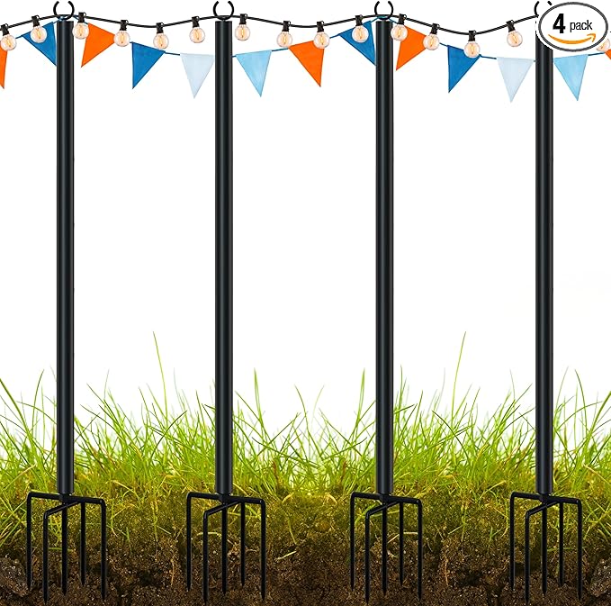 LAND·VOI Metal String Light Poles for Outside Hanging - Backyard, Garden, Patio, 4 Pack Lighting Stand with Adjustable Height for Outdoor Parties, Wedding, Extra-Long 5-Prong Claws, (10FT) FLP04B