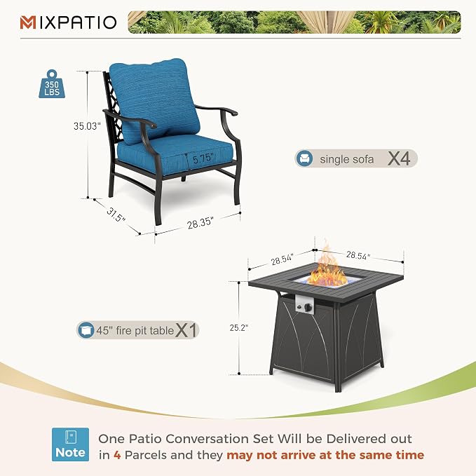 MIXPATIO Patio Furniture Set with Fire Pit Table, 5 Pcs Metal Outdoor Conversation Set, 4 Single Chairs with 5.75" Extra Thick Cushion and 28" Fire Pit Table for Backyard Deck, Green Blue