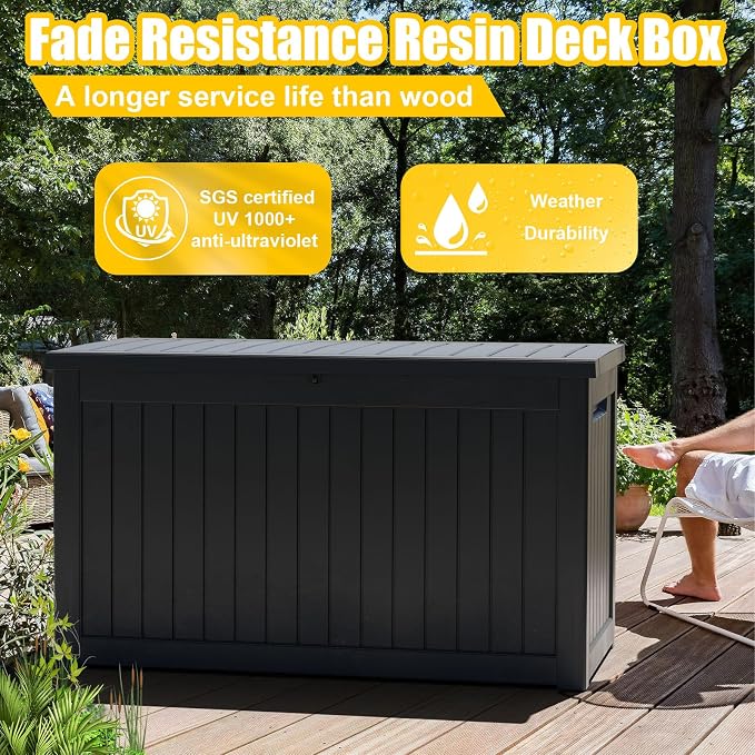 PatioZen 281 Gallon Outdoor Deck Box,Waterproof Resin Outdoor Storage Boxes, Outside Storage Lockable Container for Garden Tools,Indooor Cushions,Accessories (Black)
