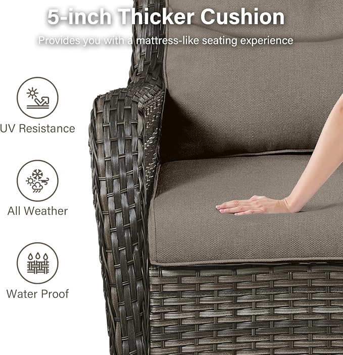 Outdoor Swivel Rocker Patio Chairs Set of 6-5" Thick Cushion 6 Piece Furniture Set with Fire Pit Table All Weather Wicker Conversation Set for Porch Deck - Gery Wicker | Gery Cushions