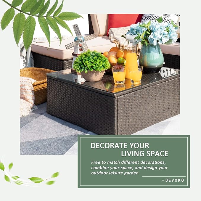 Devoko 7 Pieces Patio Furniture Sets All-Weather Outdoor Sectional Sofa Manual Weaving Wicker Rattan Patio Conversation Set with Cushion and Glass Table (Beige)