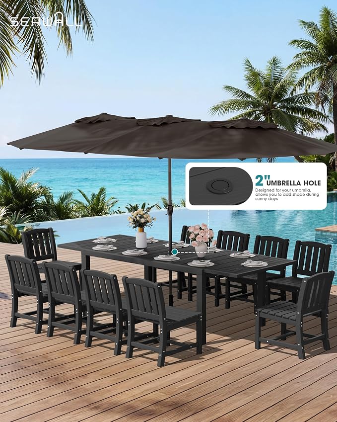 SERWALL 10-Piece Patio Dining Sets with 15FT Patio Umbrella, Black | 60" - 83" Expandable Outdoor Dining Table and 8 HDPE Chairs, All Weather HDPE Outdoor Furniture Set
