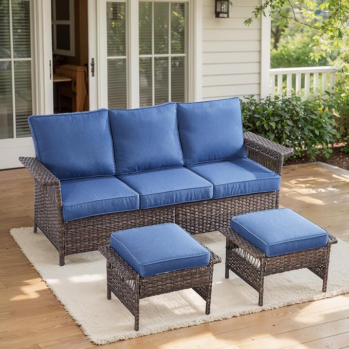 Patio Conversation Set: Wicker Sofa with 2 Rattan Ottomans, Blue Cushions, 3pcs for Patio, Garden, Balcony, Sunroom, Backyard, Deck, Poolside