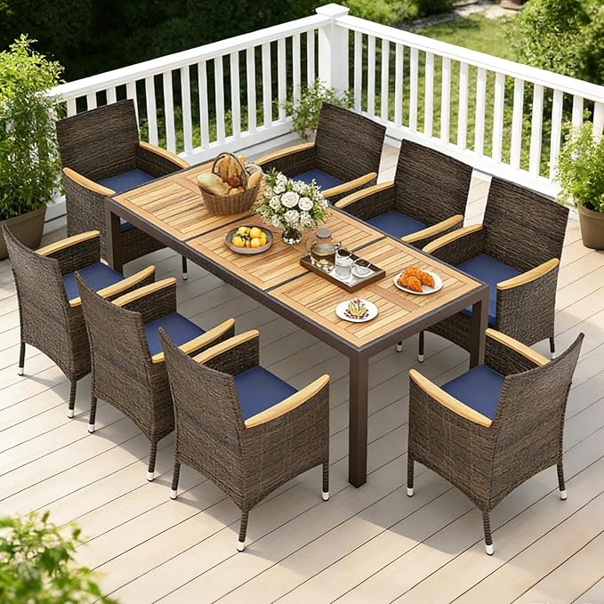 COSTWAY 9-Piece Patio Dining Set for 8, Outdoor Rattan Wicker Table and Chairs Furniture Set with Umbrella Hole, Acacia Wood Tabletop for Backyard, Balcony, Poolside, Brown & Navy