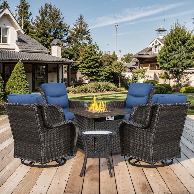 Patio Luxury Conversation Set 6PCS Resin Wicker Swivel Chairs Set, 4 Swivel Patio Chairs with Rattan Side Table and 30in Square Wicker Fire Table Set Brown Wicker|Blue Cushions