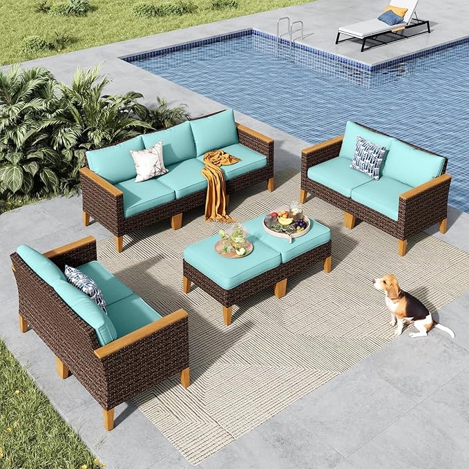 MFSTUDIO 9 Piece Extra Large Wicker Patio Furniture Set, 2 x Loveseat Sofa, 2 x Ottoman, 3-Seat Sofa, All-Weather Outdoor PE Rattan Patio Conversation Set for Garden, Backyard(Aqua Blue Cushions)