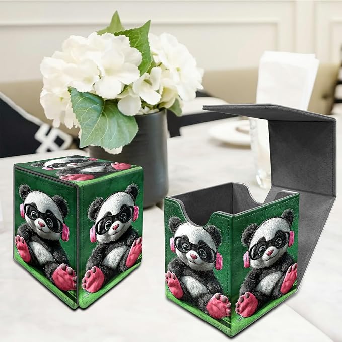 Pink Headphones Panda Card Deck Box for MTG, Personalized Card Storage Case Fits 120+ Sleeved Cards, Premium Leather TCG Box with Strong Magnetic Closure for Magic, PTCG, Baseball Cards