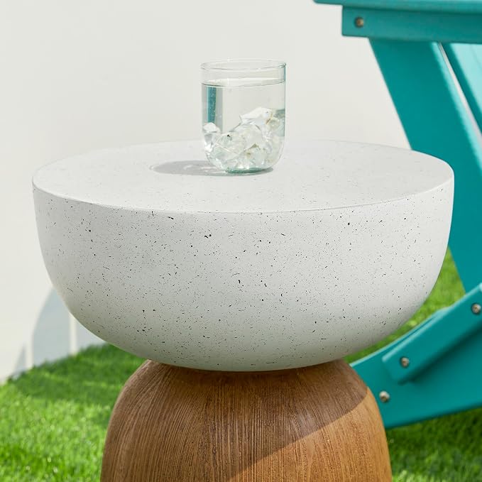 Glitzhome Outdoor Side Table Set of 2, 17.75" H Decorative Garden Stool MGO Geometric Wood Texture End Table, Round Planter Stand for Indoor Outdoor Living Room Bedroom Patio Deck Poolside