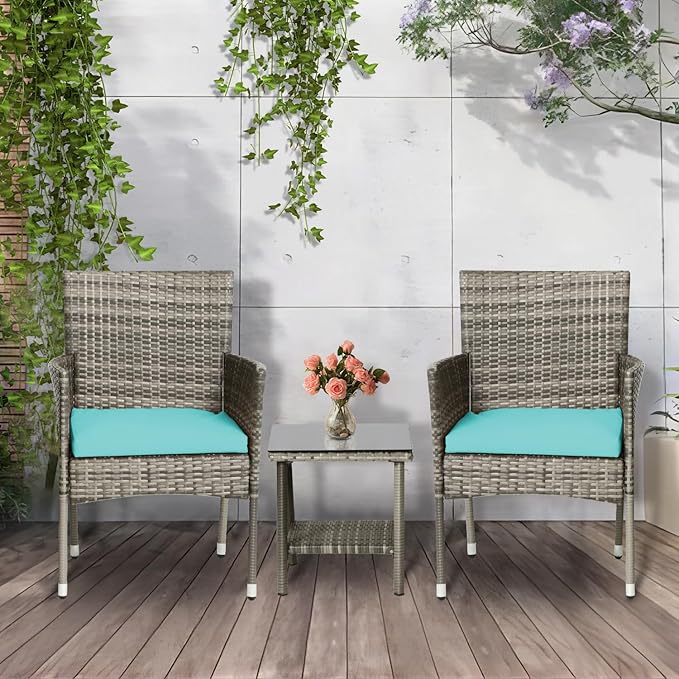 PayLessHere Set of 3 Outdoor Furniture Set Patio Furniture Set Gray Conversation Set with 2 Rattan Chairs Glass Coffee Table for Coffee Bar Poolside Patio Outdoor, Blue Cushions