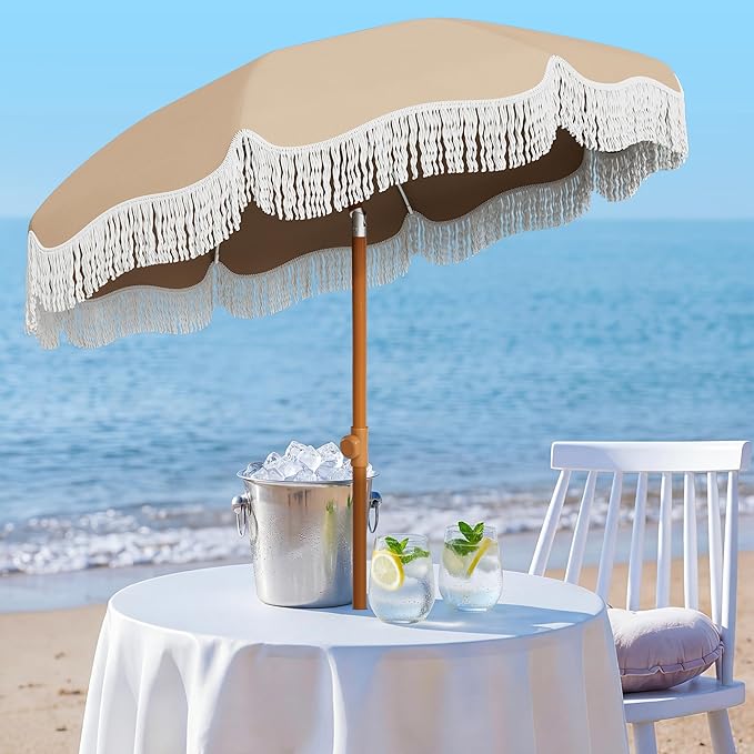 AreShark 7ft Patio Umbrella with Fringe, UPF50+ Beach Umbrella for Table, Pool & Garden, Portable Outdoor Tassels Umbrella w/Fiberglass Ribs&Push Bottom Tilt(Beige)