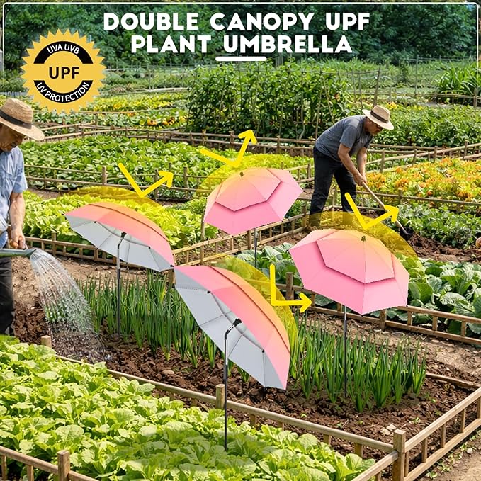 4 Pack 24.9" Double Canopy 47.2" Height Plant Umbrellas for Outdoor Plants, 3D Stakes 360° Adjustable Plant Shades for Outdoor Plants, Garden