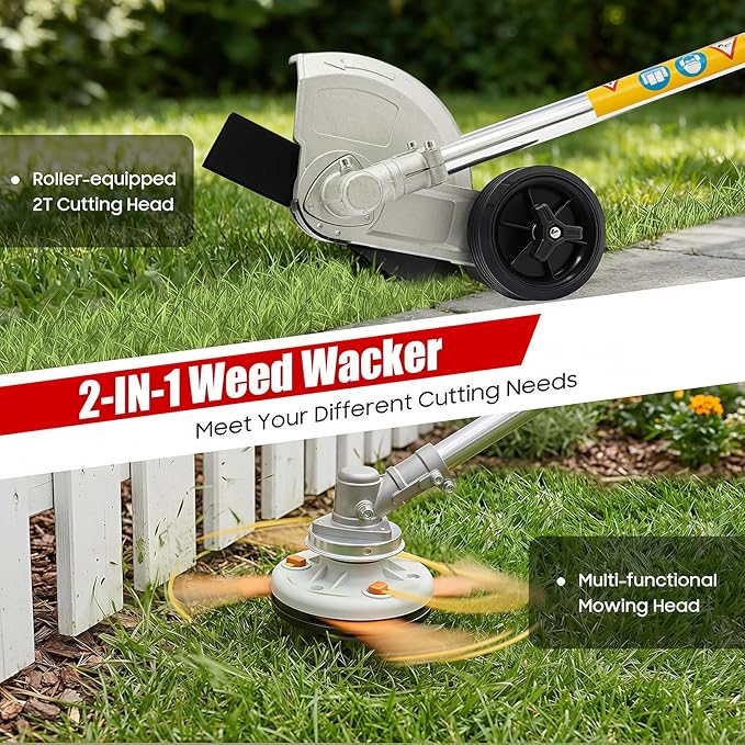 Gas Powered Weed Eater, 26cc 2-Stroke Cordless Lawn Edger Gas String Trimmer with Two Blade Heads, Trimmer Power Gasoline Chainsaw for Home Lawn, Orchard Mowing, Tea Garden Mowing