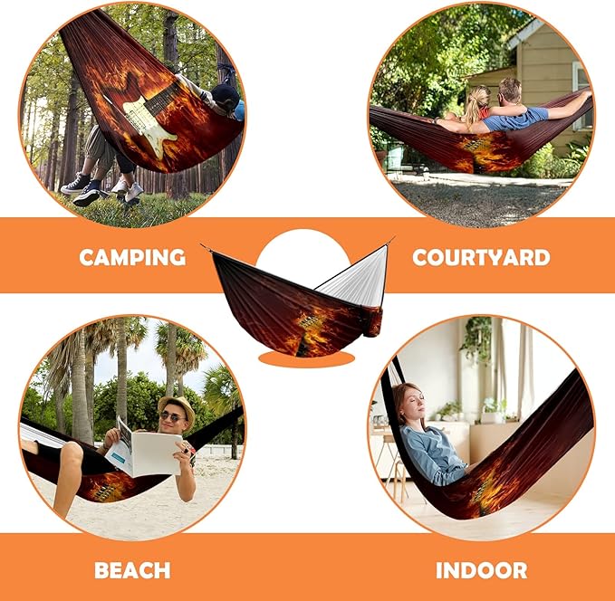 Outdoor Camping Hammock Electric Guitar in Flames Burning Fire Double & Single Hammocks with 2 Tree Straps Portable Heavy Duty Nylon Hammocks for Backpacking, Travel, Beach, Backyard, Patio, Hiking