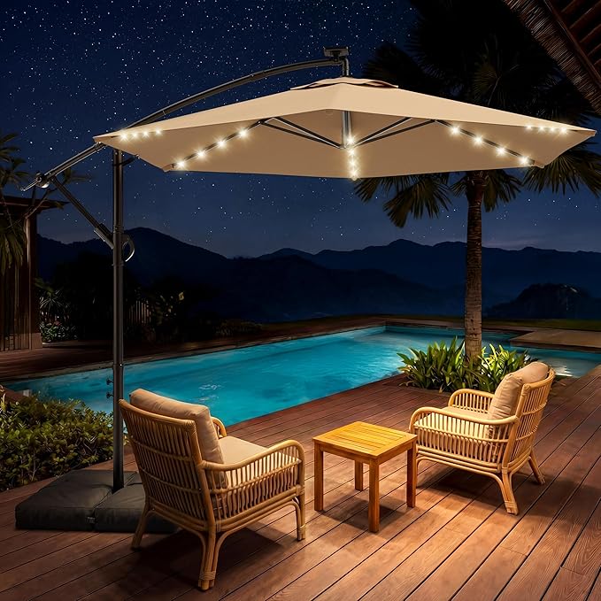 HOMSHADE 10FT Offset Patio Umbrella with Solar Lights, Outdoor Patio Umbrella with Base Included, Easy Tilt and UPF50+ Cantilever Market Hanging Umbrellas for Pool, Deck, Garden, Patio (Beige)
