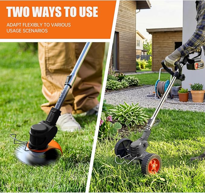 Electric Weed Wacker Weed Cordless Eater with Wheels and 2 Pcs 21V/2000mAh Batteries, 3 in 1 Grass Trimmer/Brush Cutter/Lawn Edger with 27 Pcs Replacement Blades for Lawn Garden and Yard (Black)